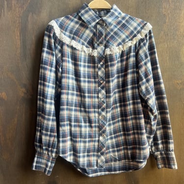 Blue Plaid Pearl Snap with Lace Trim