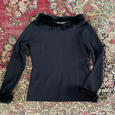 Vintage ‘90s Y2K Joseph A. black viscose sweater with rabbit fur trim, beautiful condition, L 