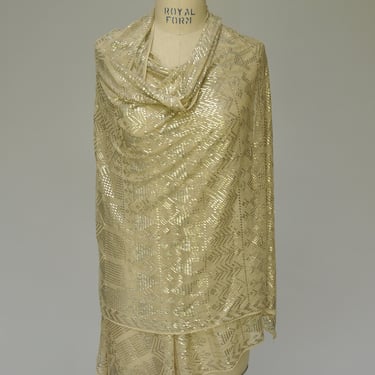 1920s ivory net assuit shawl with silver metallic detail 