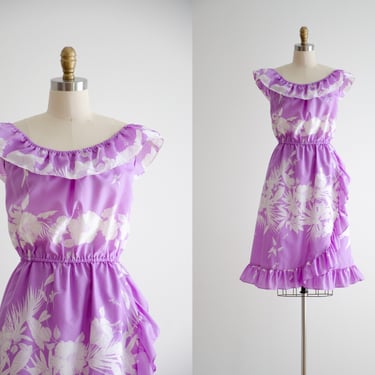 off shoulder dress | 80s vintage pastel lavender light purple Hawaiian floral ruffled dress 