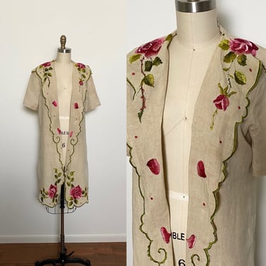 Antique 1920s Jacket 20s Embroidered Linen Duster w Roses 