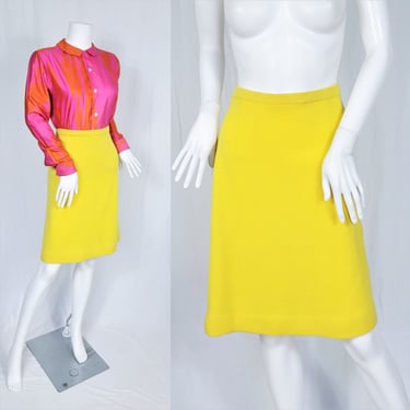 1960's Bright Yellow Italian Sweater Knit Pencil Skirt I Sz Lrg 