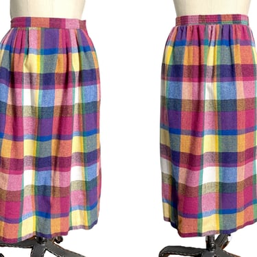 1970s preppy cheerful wool blend plaid skirt - size med-large 