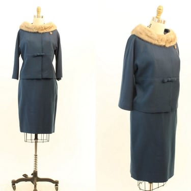 1960s mink collar suit small | vintage skirt and jacket 
