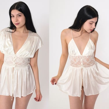 80s Lingerie Set Slip Dress Robe Top Outfit Off-White Lace Trim Button up Camisole Sleepwear 2 Two Piece Vintage 1980s Lily of France Small 