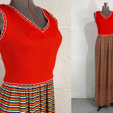 Vintage Mod Maxi Dress Orange Primary Color Striped Skirt Sleeveless Beach Cover Up Vacation Style Small 1970s 