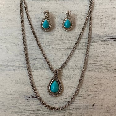 1970s jewelry set, faux turquoise, avon, vintage necklace and earrings, clip on, 2 piece set, double chain, silver tone rope, convertible 