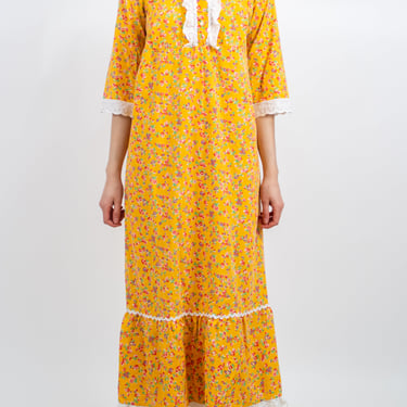 1970s Yellow Floral Cotton Maxi Dress with Lace Trim