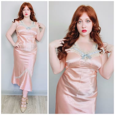 1940s Vintage Pink Rayon Silk Bias Cut Slip Dress / 40s / Forties Pastel Lace Blue Ribbon Romantic Nightgown / Large -XL 
