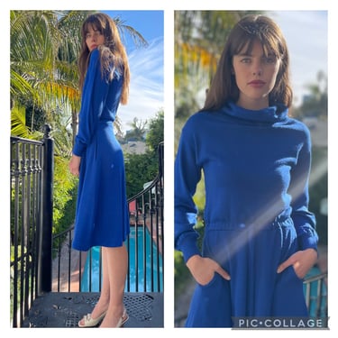 Cozy Stunning 80s Royal Blue Sweater Dress Turtleneck pockets M L 