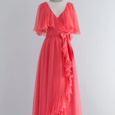 Fabulous 1960's Cerise Pink Chiffon Ruffled Evening Dress By Mollie Parnis / Waist 28