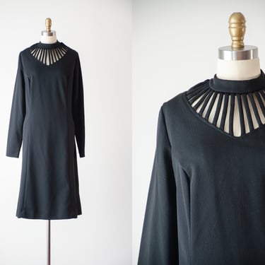 black dress | 60s 70s vintage cage keyhole neck black gothic long sleeve dress 