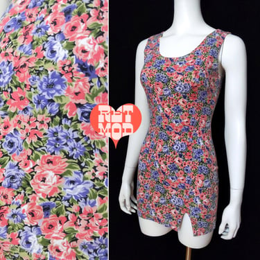 Sexy Vintage 90s Pink Purple Ditsy Floral Stretch Mini Tank Dress 