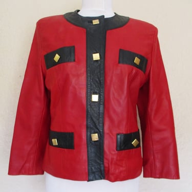 Vintage Beged Or Leather Jacket, Size 38 Women, Red Leather, Black Trim, Vintage 80s 