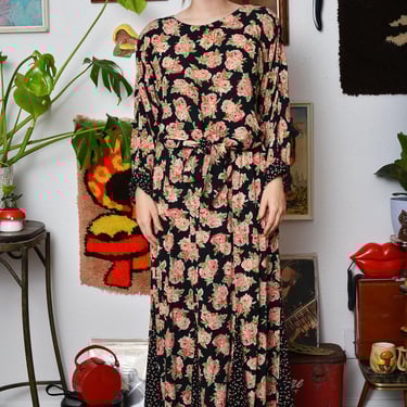 Carol Little Vintage Floral Two-Piece Set – 90s Red Black Green Crop Top & Skirt – Front Tie Blouse + Godet Pleats – Size Medium 