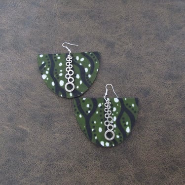 Oversized Ankara print fabric and wooden earrings, semicircle, green 