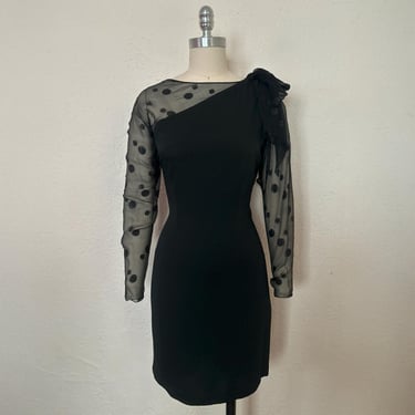 1990s Silk Chiffon and Crepe Dress by Giorgio Beverly Hills, Small to Medium | 90s Black Sheer Shoulder Polka Dot Dress (S, M, 38-29-35) 