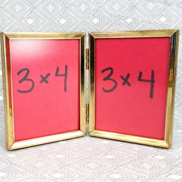 Vintage Hinged Double Picture Frame - Gold Tone Metal w/ non-glare Glass - 3" x 4" Photos 3x4 Frame 