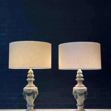 Pair of Antique Italian Neoclassical Carved Wood Urn Table Lamps w/ Draped Garlands, c.1920’s 