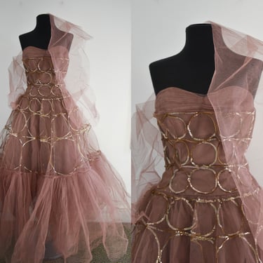 1950s Rosy Mocha Tulle and Gold Sequin Party Dress 