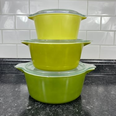 Vintage Pyrex 1960's Verde 3 Pc. Round Casserole Set w/Lids | Pyrex 473, 474, & 475 | 1 Qt, 1.5 Qt, 2.5 QT Old Dishes, Avocado Green Lime 