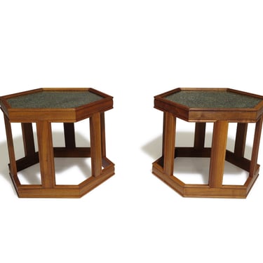 Mid-century John Keal for Brown Saltman Hexagonal Walnut End Tables