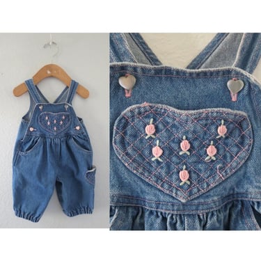 Vintage Baby Girls Denim Overalls - Heart Pocket Quilted Jean Overall Romper Size 3 - 6 Months 