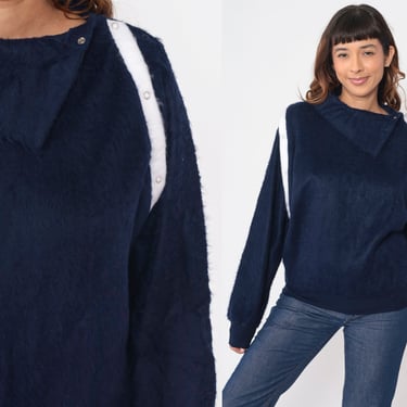 80s Shaggy Fleece Sweatshirt Navy Blue Asymmetrical Shawl Collar Pullover Collared Sweater Striped Retro Sweatshirt Vintage Small S 