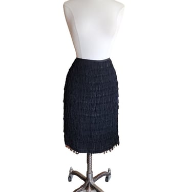 Y2K Black Fringed Skirt Knee Length Trina Turk 