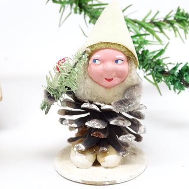 Antique 1950's Santa on Pine Cone with Mushroom & Faux Feather Christmas Tree,  Vintage Retro Holiday Decoration, Original Price 