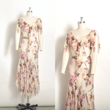 Vintage 2000s Dress / Y2K Diane Freis Floral Two Piece Set / White Brown Pink ( S M ) 