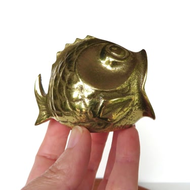 Mid Century Brass Fish Small Ashtray, Vintage Brass Tropical Fish Figurine With Open Mouth 