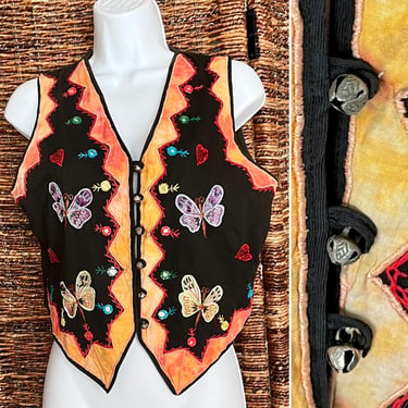 Embroidered Butterfly Vest, Tie Dye, Bells, Button Down Style, Cotton Fabric, India, Joujou, Vintage 90s 