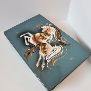 Sascha Brastoff, Mid Century Designer, 1960's  Ceramic box, Blue Ceramic Box, Carousel horse, Whimsical Horse 