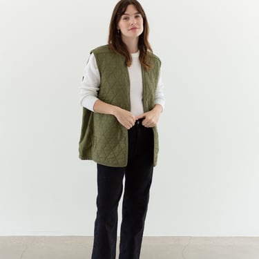 Vintage Green Diamond Quilt Cotton Vest | Unisex Sleeveless Liner Jacket | L | 