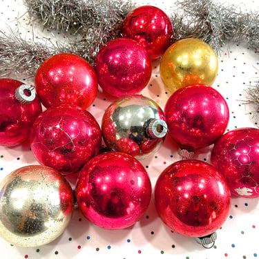 VINTAGE: 12pcs - Shiny Brite Striped Glass Ornaments - Pink Ornaments - Old Christmas Ornaments - Holliday 