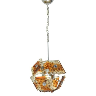 Vintage Italian Pendant w/ Clear &amp; Amber Murano Glass by Mazzega