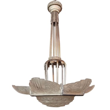1930 Period French GEORGES LELEU Art Deco Cast White Metal and Frosted Glass 9-Light Chandelier Pendant Light Fixture 