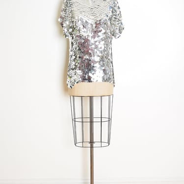 vintage 80s top silver mirror sequin paillette disco ball shirt blouse M L 