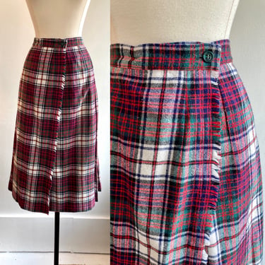 Vintage 60s PLAID PLEAT Tartan WRAP Skirt / Fringe + Midi Length / Olken's Wellesley 