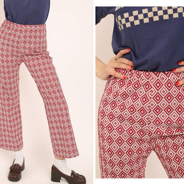Vintage 1970s 70s Crimson Grey Diamond Textured Print Super High Waisted Elasticated Flared Pants Trousers 