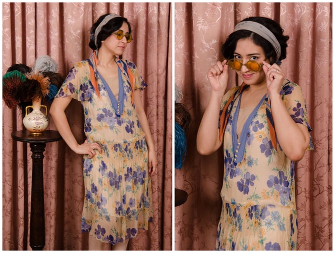 ワンピース VINTAGE LIKE SHEER FLOWER DRESS 1920s Dress - Rare Vintage 20s Sheer Silk Chiffon Floral