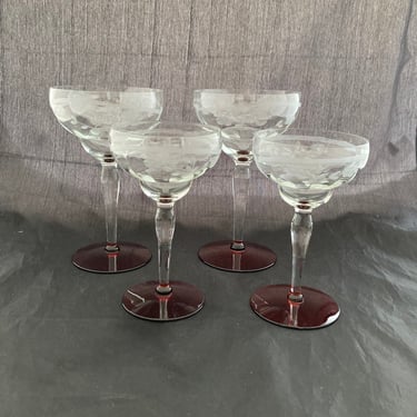 Set of 4 Art Deco Floral Etched Crystal 4 OZ Liquor Cocktail Glasses & 8 OZ Goblets, 2 Sizes, Red Base, Mid Century Modern Martini Margarita 