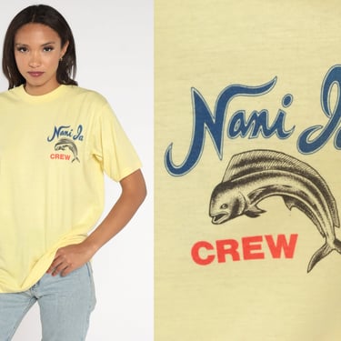 Hawaii Fish Shirt 90s Nani Ja Kaneohe T-Shirt Oahu Fishing Graphic Tee Tourist Travel Yellow Single Stitch Thin Burnout Vintage 1990s Medium 