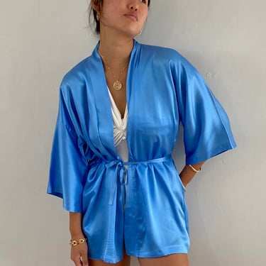 90s silk charmeuse short kimono robe / vintage cerulean ocean blue liquid silk satin kimono robe dressing gown | Large 