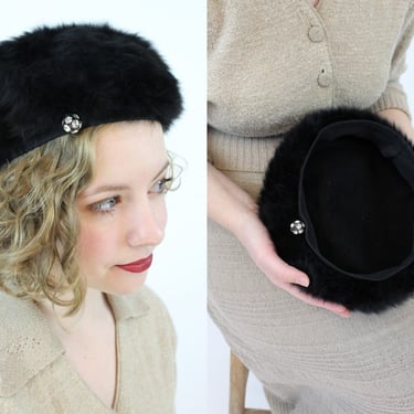 1950s fur hat | beret button cap 