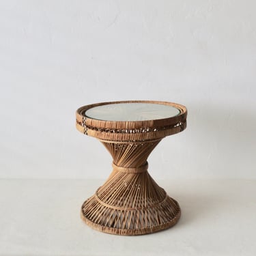 1970's Vintage Modern Low Natural Spun Wicker Bamboo Rattan Glass Pedestal Side Table Mid Century 