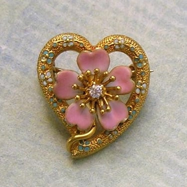 Antique 14K Gold and Enamel Heart with Flower Brooch Pin With Diamond, Antique Enamel Pin with Diamond, 14K Gold Brooch (#4524) 