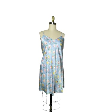 Vintage Iris Blue Floral Silk Nightgown Slip Dress, Size Large 