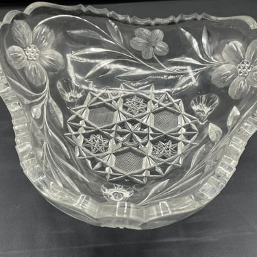 Vintage Cut  Crystal Floral Etched Glass Bowl Etched crosshatching 3 Footed Tri Corners 